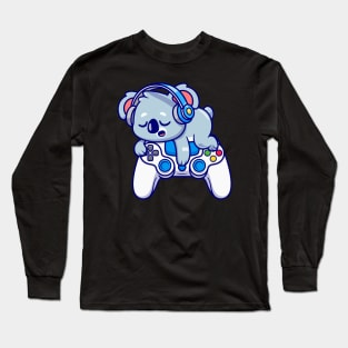 Cute Koala Sleeping On Game Controller With Headphone  Cartoon Long Sleeve T-Shirt